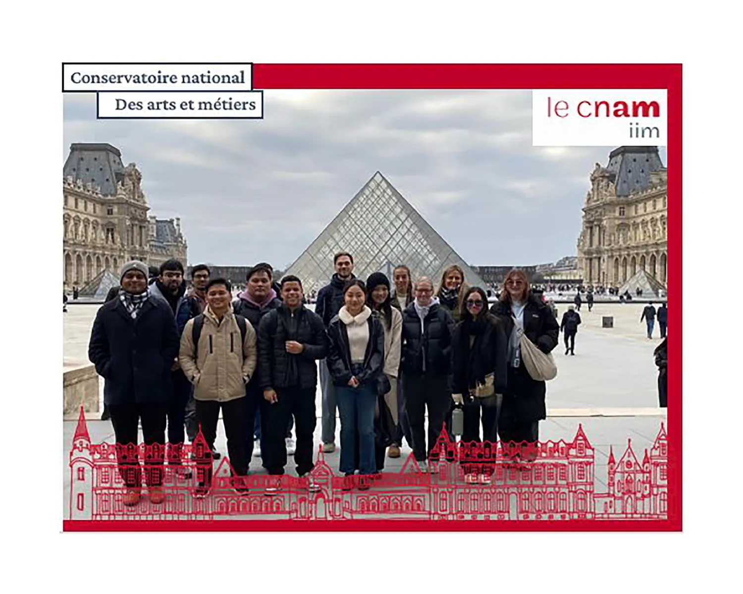 Group photo with CNAM MIM classmates at the Louvre Pyramid, Paris